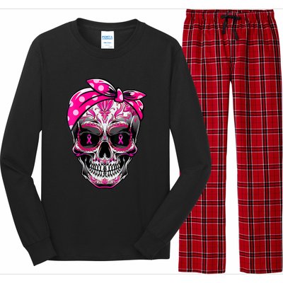 Sugar Skull Pink Ribbon Calavera Funny Breast Cancer Long Sleeve Pajama Set