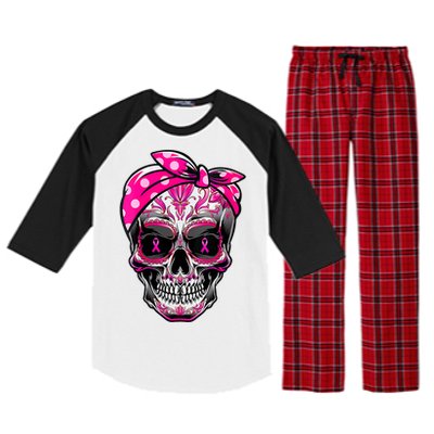 Sugar Skull Pink Ribbon Calavera Funny Breast Cancer Raglan Sleeve Pajama Set