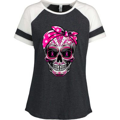 Sugar Skull Pink Ribbon Calavera Funny Breast Cancer Enza Ladies Jersey Colorblock Tee