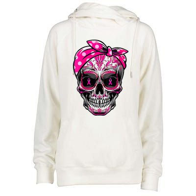 Sugar Skull Pink Ribbon Calavera Funny Breast Cancer Womens Funnel Neck Pullover Hood