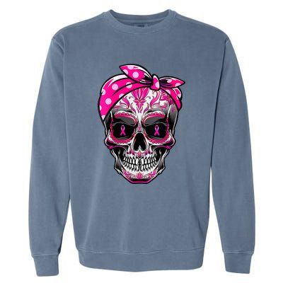 Sugar Skull Pink Ribbon Calavera Funny Breast Cancer Garment-Dyed Sweatshirt