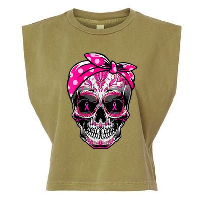 Sugar Skull Pink Ribbon Calavera Funny Breast Cancer Garment-Dyed Women's Muscle Tee