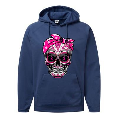 Sugar Skull Pink Ribbon Calavera Funny Breast Cancer Performance Fleece Hoodie