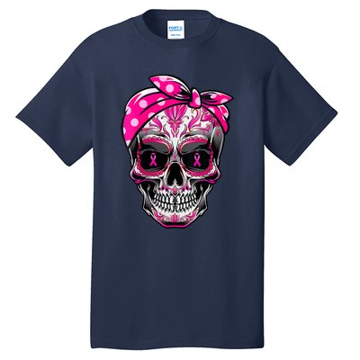 Sugar Skull Pink Ribbon Calavera Funny Breast Cancer Tall T-Shirt