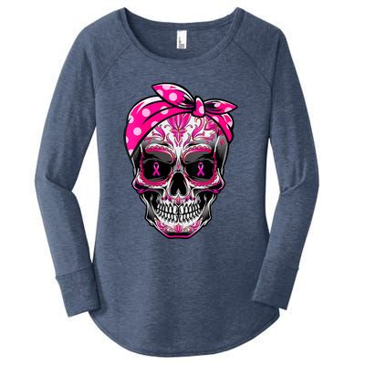 Sugar Skull Pink Ribbon Calavera Funny Breast Cancer Women's Perfect Tri Tunic Long Sleeve Shirt