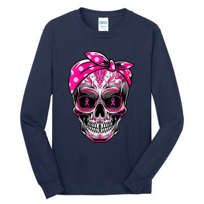 Sugar Skull Pink Ribbon Calavera Funny Breast Cancer Tall Long Sleeve T-Shirt