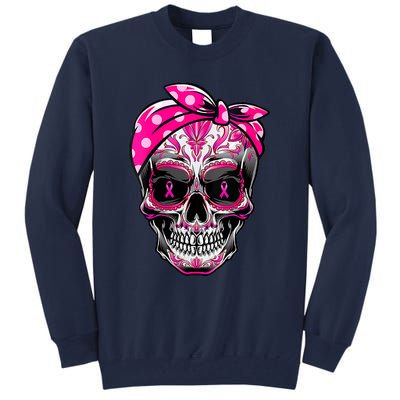 Sugar Skull Pink Ribbon Calavera Funny Breast Cancer Tall Sweatshirt