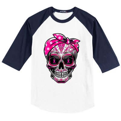 Sugar Skull Pink Ribbon Calavera Funny Breast Cancer Baseball Sleeve Shirt