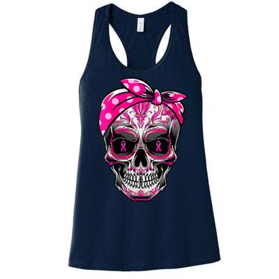 Sugar Skull Pink Ribbon Calavera Funny Breast Cancer Women's Racerback Tank