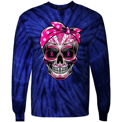 Sugar Skull Pink Ribbon Calavera Funny Breast Cancer Tie-Dye Long Sleeve Shirt