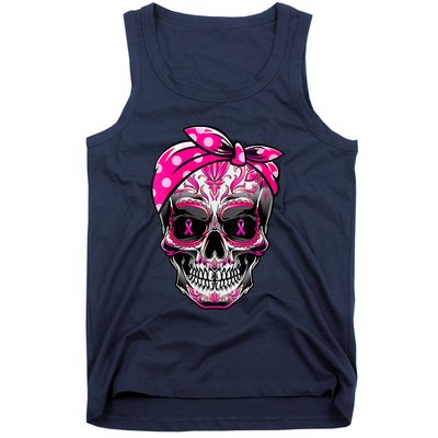 Sugar Skull Pink Ribbon Calavera Funny Breast Cancer Tank Top