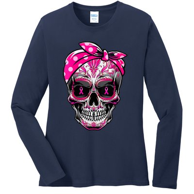 Sugar Skull Pink Ribbon Calavera Funny Breast Cancer Ladies Long Sleeve Shirt