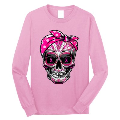 Sugar Skull Pink Ribbon Calavera Funny Breast Cancer Long Sleeve Shirt