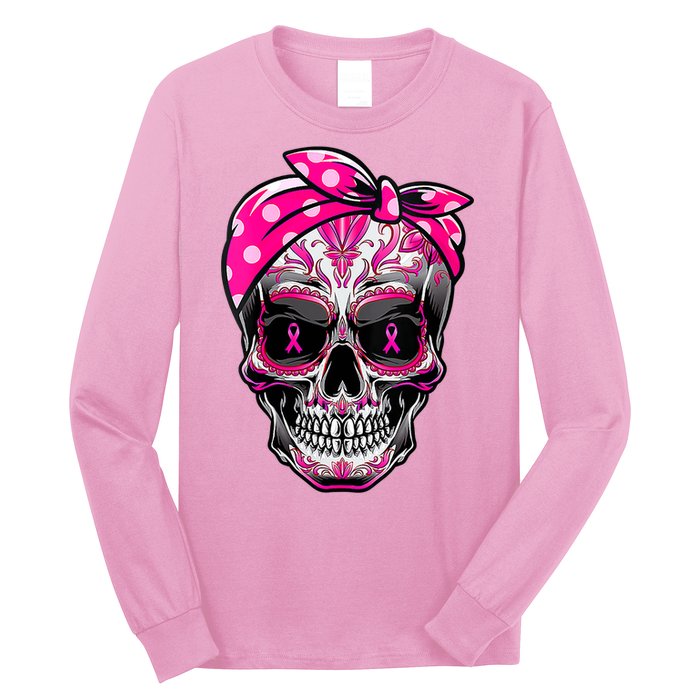 Sugar Skull Pink Ribbon Calavera Funny Breast Cancer Long Sleeve Shirt