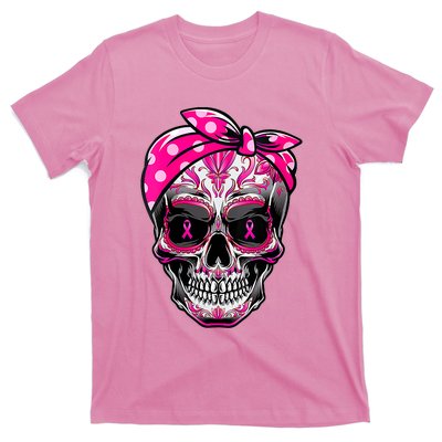 Sugar Skull Pink Ribbon Calavera Funny Breast Cancer T-Shirt