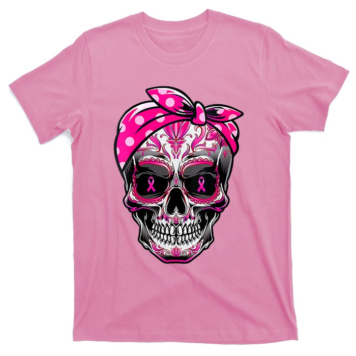 Sugar Skull Pink Ribbon Calavera Funny Breast Cancer T-Shirt