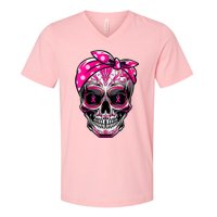 Sugar Skull Pink Ribbon Calavera Funny Breast Cancer V-Neck T-Shirt