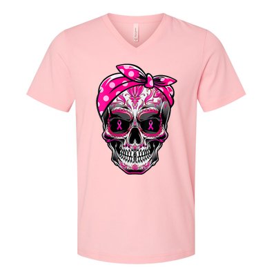 Sugar Skull Pink Ribbon Calavera Funny Breast Cancer V-Neck T-Shirt