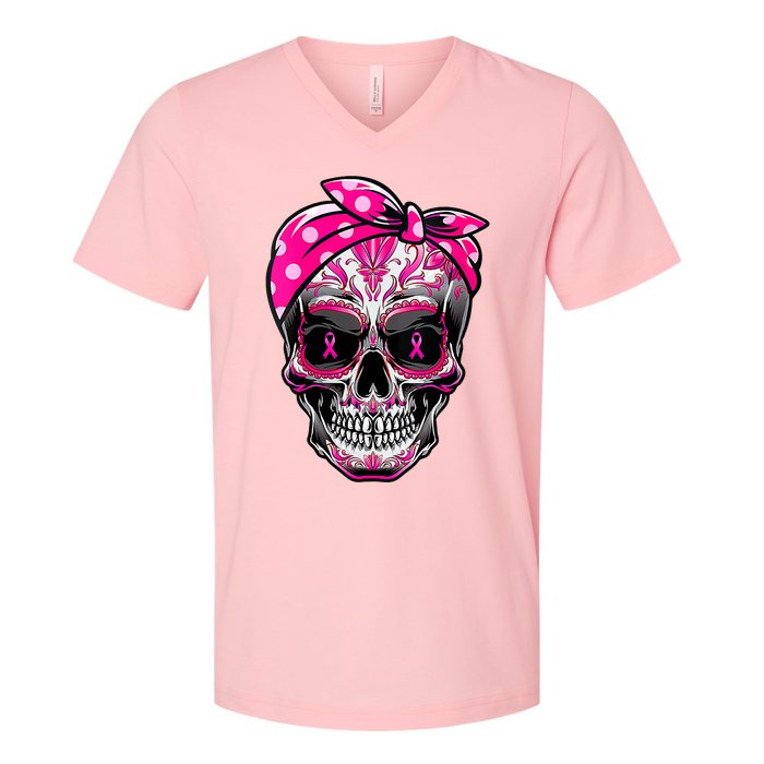 Sugar Skull Pink Ribbon Calavera Funny Breast Cancer V-Neck T-Shirt