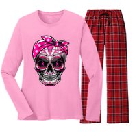 Sugar Skull Pink Ribbon Calavera Funny Breast Cancer Women's Long Sleeve Flannel Pajama Set 