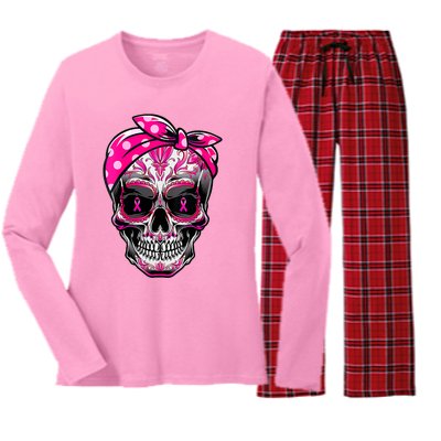 Sugar Skull Pink Ribbon Calavera Funny Breast Cancer Women's Long Sleeve Flannel Pajama Set 