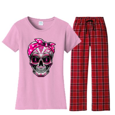 Sugar Skull Pink Ribbon Calavera Funny Breast Cancer Women's Flannel Pajama Set