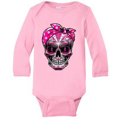 Sugar Skull Pink Ribbon Calavera Funny Breast Cancer Baby Long Sleeve Bodysuit