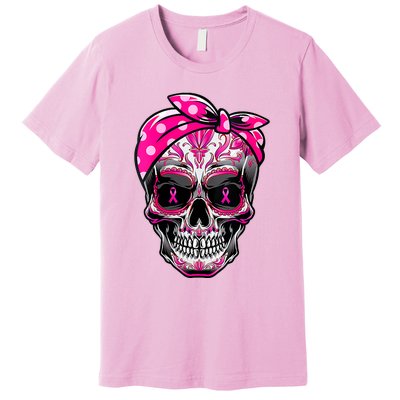 Sugar Skull Pink Ribbon Calavera Funny Breast Cancer Premium T-Shirt