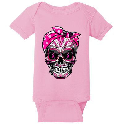 Sugar Skull Pink Ribbon Calavera Funny Breast Cancer Baby Bodysuit