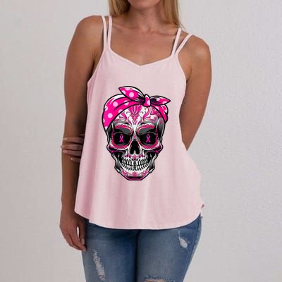 Sugar Skull Pink Ribbon Calavera Funny Breast Cancer Women's Strappy Tank