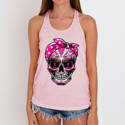 Sugar Skull Pink Ribbon Calavera Funny Breast Cancer Women's Knotted Racerback Tank