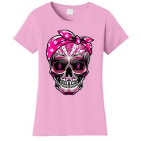 Sugar Skull Pink Ribbon Calavera Funny Breast Cancer Women's T-Shirt