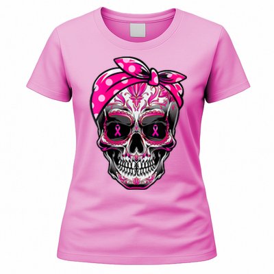 Sugar Skull Pink Ribbon Calavera Funny Breast Cancer Women's T-Shirt