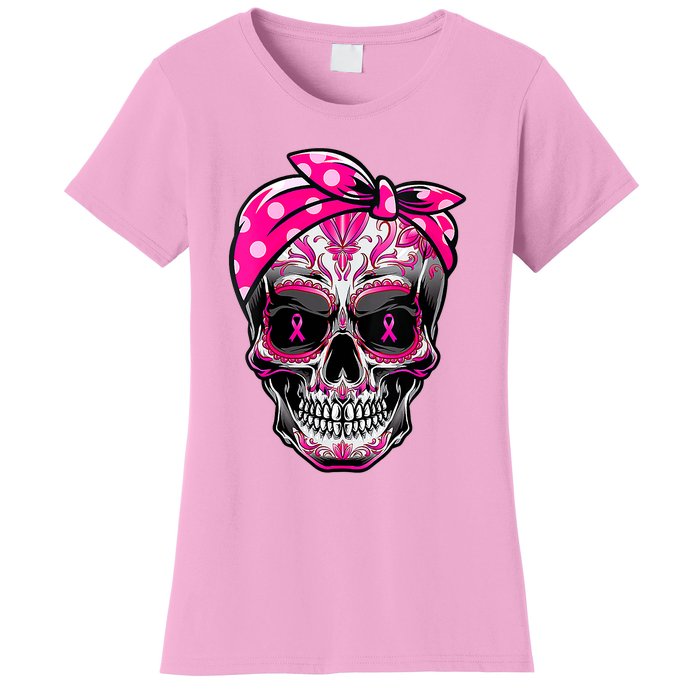 Sugar Skull Pink Ribbon Calavera Funny Breast Cancer Women's T-Shirt