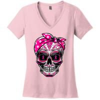 Sugar Skull Pink Ribbon Calavera Funny Breast Cancer Women's V-Neck T-Shirt