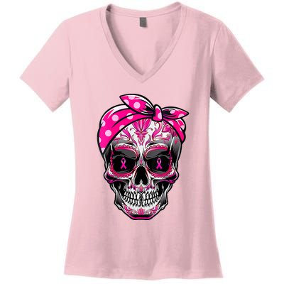 Sugar Skull Pink Ribbon Calavera Funny Breast Cancer Women's V-Neck T-Shirt