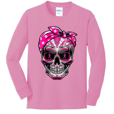 Sugar Skull Pink Ribbon Calavera Funny Breast Cancer Kids Long Sleeve Shirt