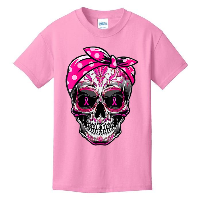 Sugar Skull Pink Ribbon Calavera Funny Breast Cancer Kids T-Shirt