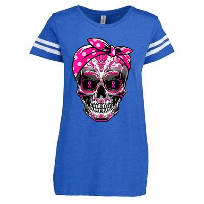 Sugar Skull Pink Ribbon Calavera Funny Breast Cancer Enza Ladies Jersey Football T-Shirt