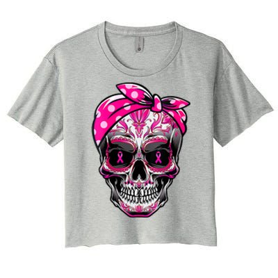 Sugar Skull Pink Ribbon Calavera Funny Breast Cancer Women's Crop Top Tee