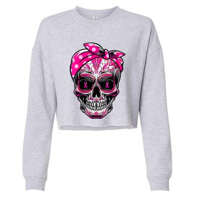 Sugar Skull Pink Ribbon Calavera Funny Breast Cancer Cropped Pullover Crew