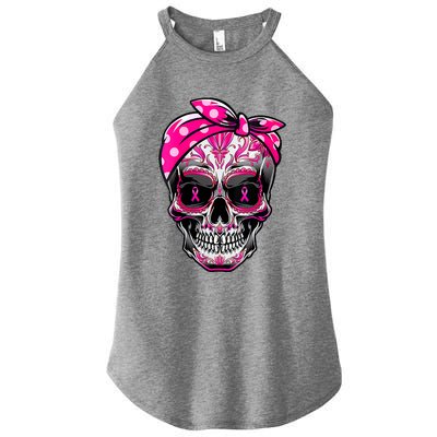 Sugar Skull Pink Ribbon Calavera Funny Breast Cancer Women's Perfect Tri Rocker Tank