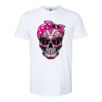 Sugar Skull Pink Ribbon Calavera Funny Breast Cancer Softstyle CVC T-Shirt