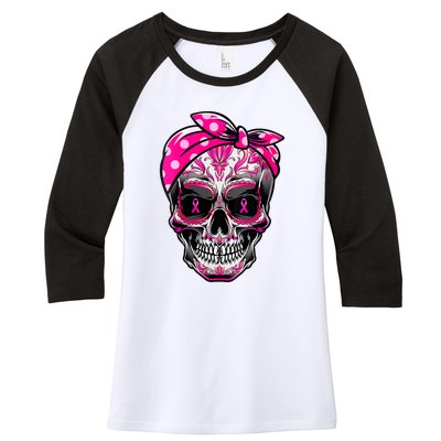 Sugar Skull Pink Ribbon Calavera Funny Breast Cancer Women's Tri-Blend 3/4-Sleeve Raglan Shirt