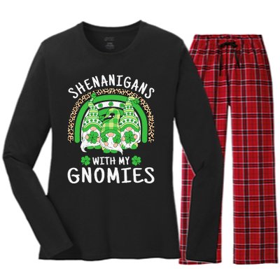 Shenanigans St Patricks Day Rainbow Irish Gnomes Shamrock Women's Long Sleeve Flannel Pajama Set 