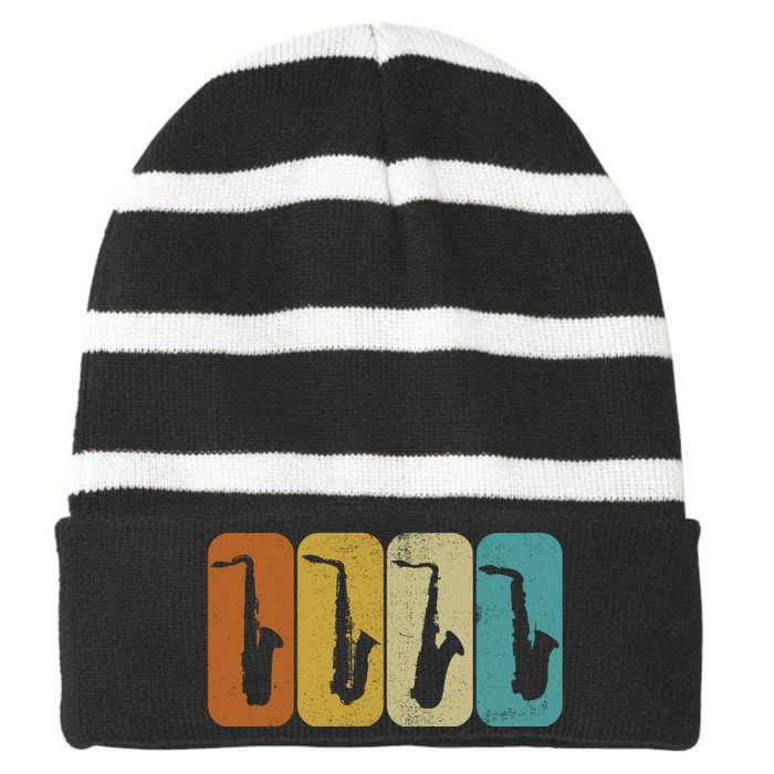 Saxophone Sax Player Gift Idea Saxophonist Music Striped Beanie with Solid Band