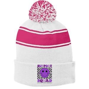 Support Squad Purple Ribbon Pancreatic Cancer Awareness Stripe Pom Pom Beanie