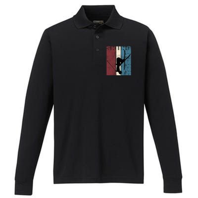 Skiing Ski Player Skiing Vintage Skis Distressed Cool Gift Performance Long Sleeve Polo