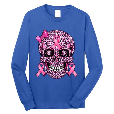 Sugar Skull Pink Ribbon Breast Cancer Awareness Long Sleeve Shirt