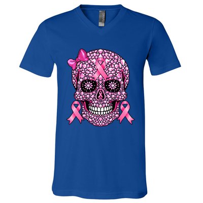 Sugar Skull Pink Ribbon Breast Cancer Awareness V-Neck T-Shirt